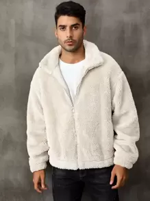 Men Zip Up Teddy Jacket - Beige - View 8
