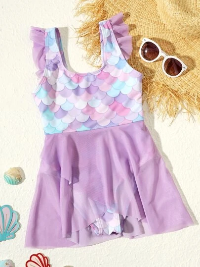 SHEIN 中學生女孩魚鱗印花荷葉邊單片泳衣