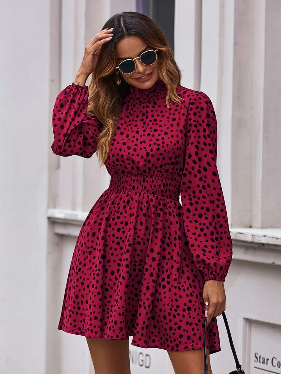 SHEIN Clasi 滿版圖案腰部打褶連衣裙 - 紅色 - 查看 1