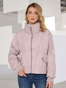 Drop Shoulder Zip Up Padded Coat - Dusty Purple - View 3