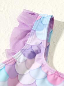 SHEIN Tween Girl Fish Scale Print Ruffle One Piece Swimsuit Summer Holiday