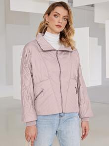 Drop Shoulder Zip Up Padded Coat - Dusty Purple - View 4