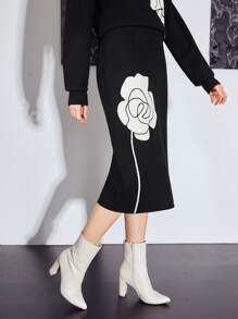 MOTF PREMIUM 羊毛混紡大花針織短裙 - 黑色 - 查看 2