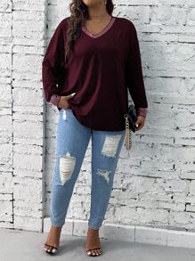 Calvaya 大碼拼接邊落肩T恤 - 酒紅色 - 查看 3
