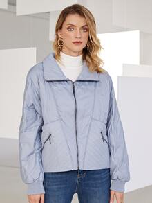 Zip Up Batwing Sleeve Padded Coat - Blue - View 3