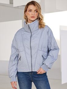 Zip Up Batwing Sleeve Padded Coat - Blue - View 4