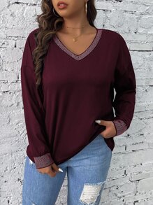 Calvaya 大碼拼接邊落肩T恤 - 酒紅色 - 查看 4