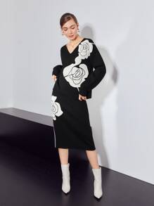 MOTF PREMIUM 羊毛混紡大花針織短裙 - 黑色 - 查看 5