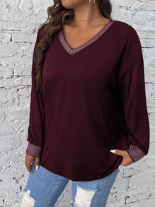 Calvaya 大碼拼接邊落肩T恤 - 酒紅色 - 查看 5