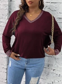 Calvaya 大碼拼接邊落肩T恤 - 酒紅色 - 查看 6