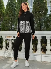 SHEIN LUNE Sudadera con media cremallera y hombros caídos con estampado geométrico y pantalón de chándal a juego