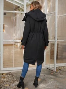 Zip Up Snap Button Split Back Hooded Padded Coat