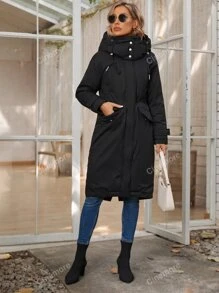 Zip Up Snap Button Split Back Hooded Padded Coat