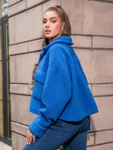 Flap Pocket Drop Shoulder Teddy Jacket - Royal Blue - View 2