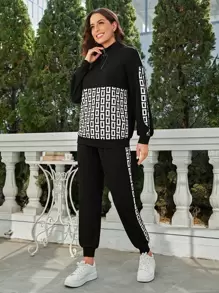 SHEIN LUNE Sudadera con media cremallera y hombros caídos con estampado geométrico y pantalón de chándal a juego