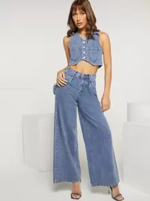 Adjustable Button Down Patched Pocket Denim Vest - Medium Wash - View 1