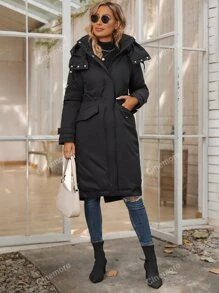 Zip Up Snap Button Split Back Hooded Padded Coat