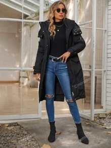 Zip Up Snap Button Split Back Hooded Padded Coat