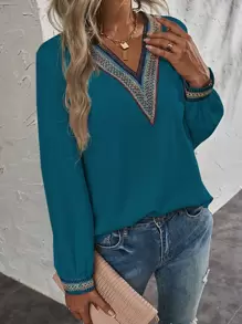 SHEIN LUNE Contrast Trim V Neck Blouse - Teal Blue - View 1