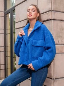 Flap Pocket Drop Shoulder Teddy Jacket - Royal Blue - View 1