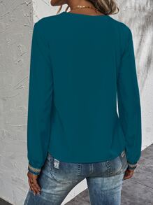 SHEIN LUNE Contrast Trim V Neck Blouse - Teal Blue - View 2