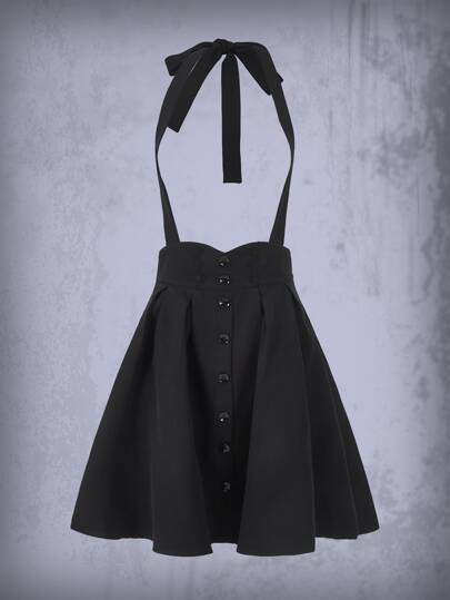 Goth Button Front Tie Backless Halter Dress