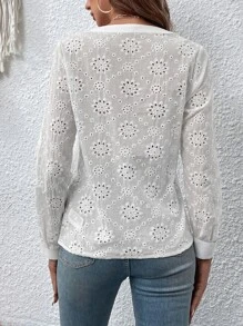 SHEIN VCAY Eyelet Embroidery Button Front Blouse - White - View 2