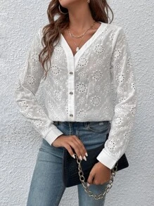 SHEIN VCAY Eyelet Embroidery Button Front Blouse - White - View 4