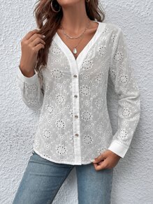 SHEIN VCAY Eyelet Embroidery Button Front Blouse - White - View 5