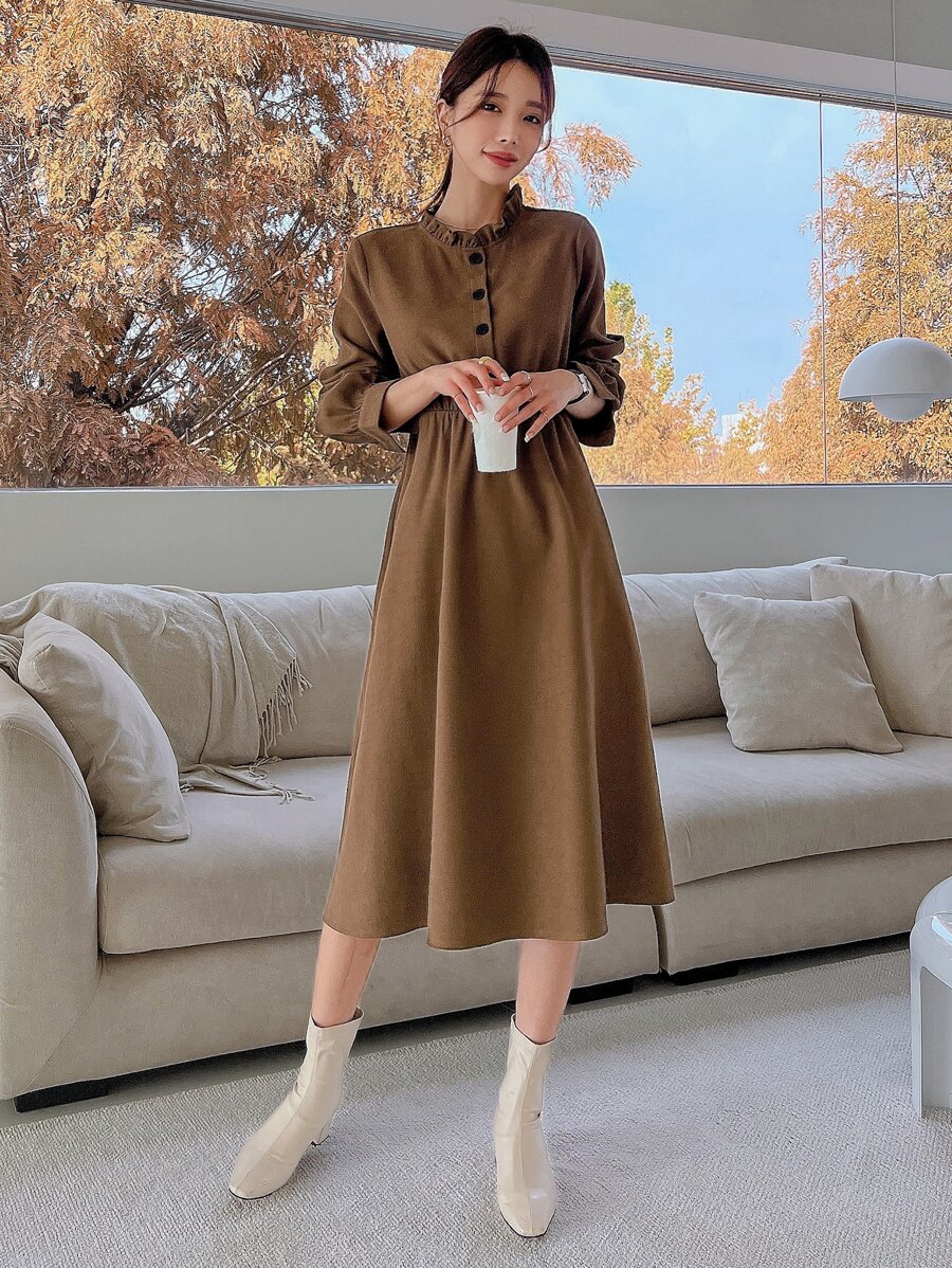 DAZY Frilled Neck A-line Dress - Brown - View 1