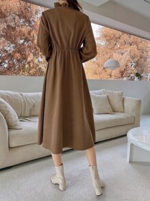 DAZY Frilled Neck A-line Dress - Brown - View 2
