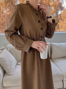 DAZY Frilled Neck A-line Dress - Brown - View 7