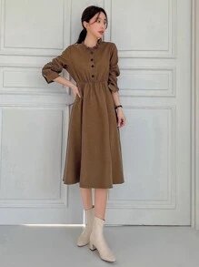 DAZY Frilled Neck A-line Dress - Brown - View 8