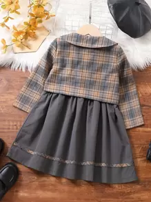 Young Girl Plaid Print Jacket & Contrast Piping Dress - Multicolor - View 2