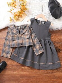 Young Girl Plaid Print Jacket & Contrast Piping Dress - Multicolor - View 1