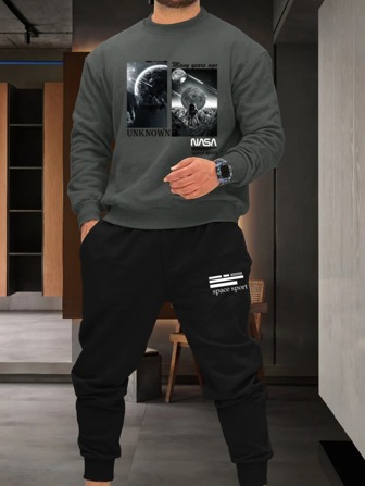 Guys Astronaut & Letter Graphic Sweatshirt & Drawstring Waist Sweatpants