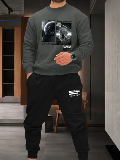 Guys Astronaut & Letter Graphic Sweatshirt & Drawstring Waist Sweatpants