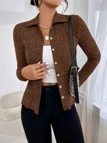 SHEIN EZwear Space Dye Button Up Tee - Coffee Brown - View 1