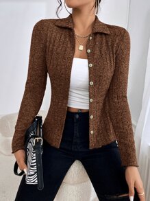 SHEIN EZwear Space Dye Button Up Tee - Coffee Brown - View 3