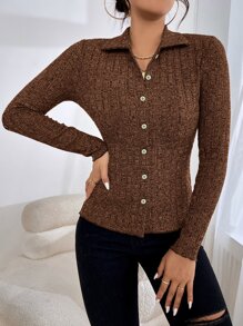 SHEIN EZwear Space Dye Button Up Tee - Coffee Brown - View 6