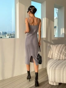 DAZY Solid Ribbed Knit Jumper Dress - Grey - View 2
