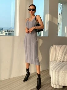 DAZY Solid Ribbed Knit Jumper Dress - Grey - View 3