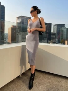 DAZY Solid Ribbed Knit Jumper Dress - Grey - View 6