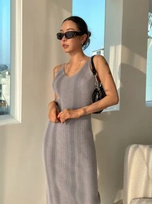 DAZY Solid Ribbed Knit Jumper Dress - Grey - View 7