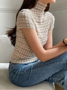 DAZY 高領透視上衣(無胸罩) - 米色 - 查看 4