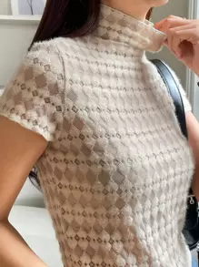 DAZY 高領透視上衣(無胸罩) - 米色 - 查看 7