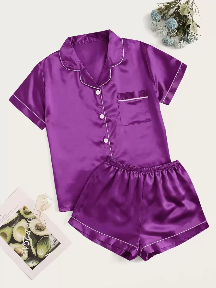 Conjunto de pijama de satén unido en contraste - Morado - Ver 1