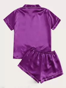 Conjunto de pijama de satén unido en contraste - Morado - Ver 2