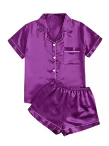 Conjunto de pijama de satén unido en contraste - Morado - Ver 3