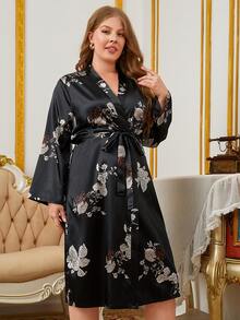 Plus Floral Print Belted Satin Sleep Robe Without Lingerie Set - Black - View 5